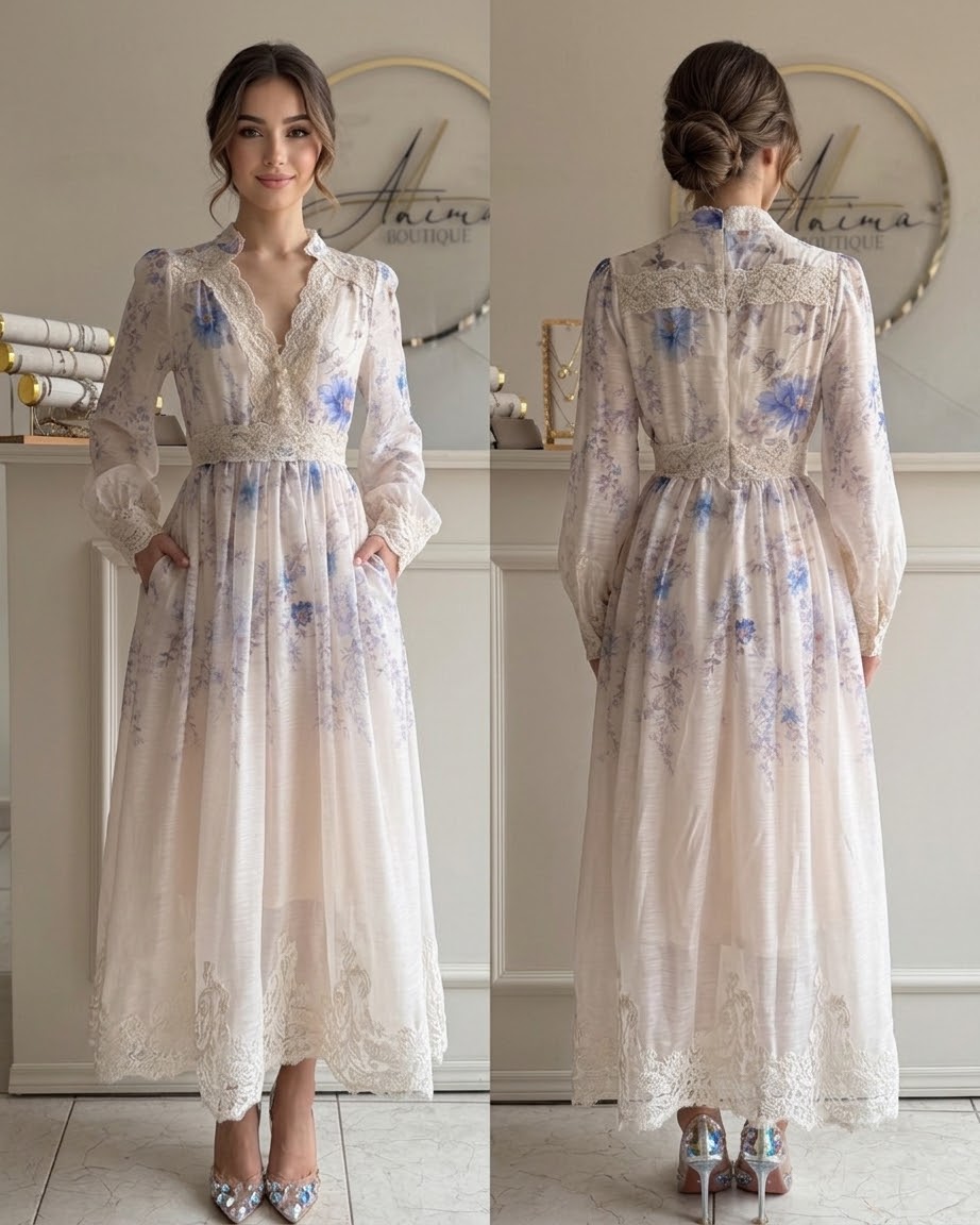 Vestido flores azul detalles de encaje