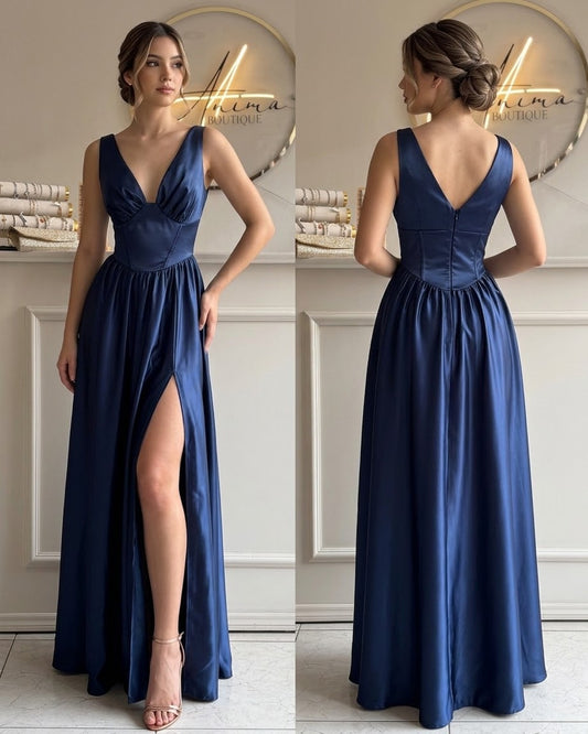 Vestido satin azul marino corset