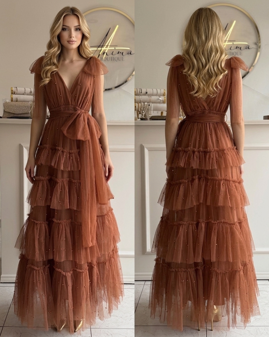 Vestido café Olanes perlas