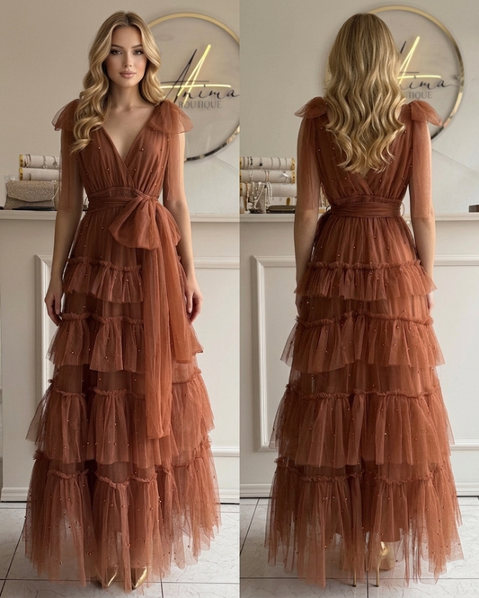Vestido café Olanes perlas