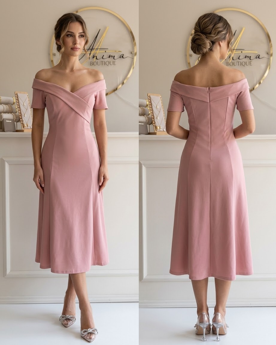 Vestido rosa midi hombros caídos
