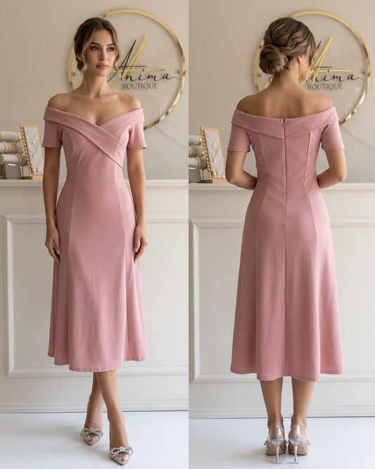 Vestido rosa midi hombros caídos