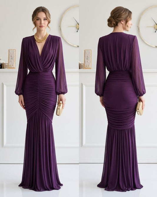 Vestido drapeado uva con mangas